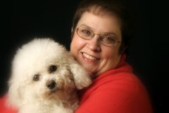 headshot woman and white dog